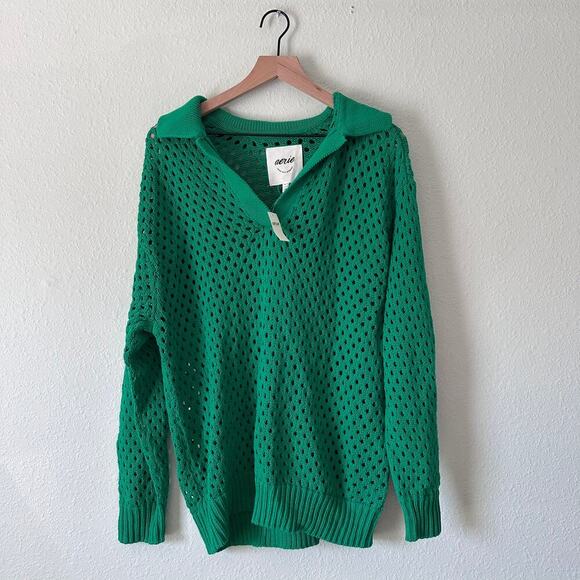 aerie Sweaters - Aerie Open Knit Polo Sweater Green Size M NWT